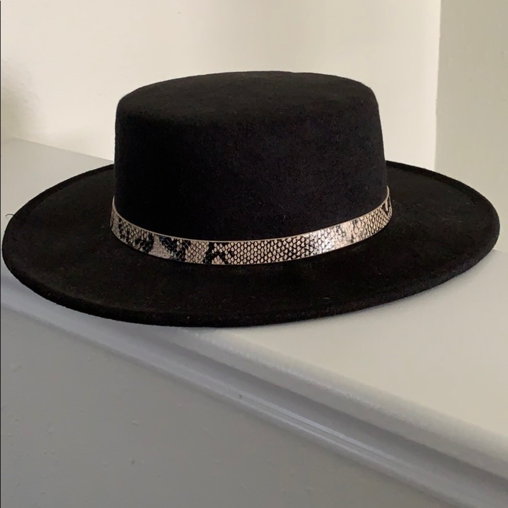 Black Boater Hat with Snake Print Trim